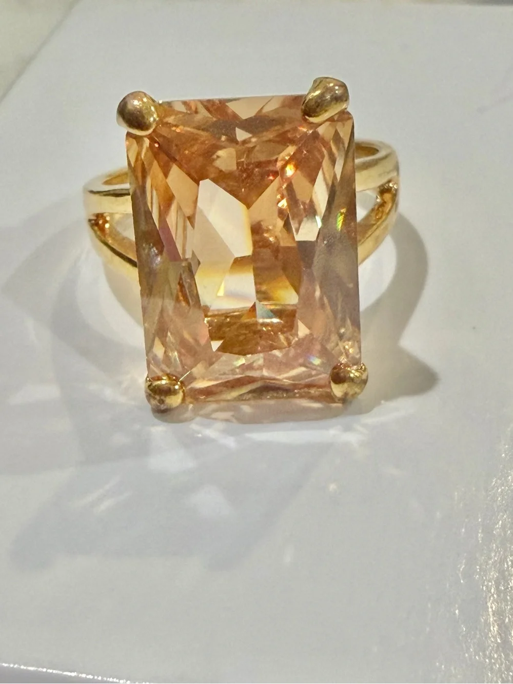 Gold Plated Champagne CZ Emerald Cut Statement Cocktail Ring SZ 9.25